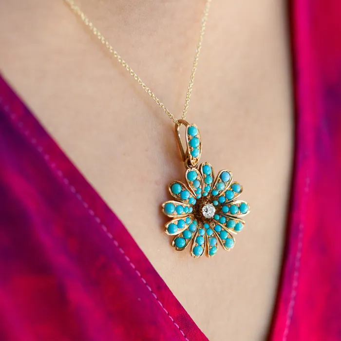 Necklaces Victorian Turquoise and Diamond Flower Pendant Necklace Antique