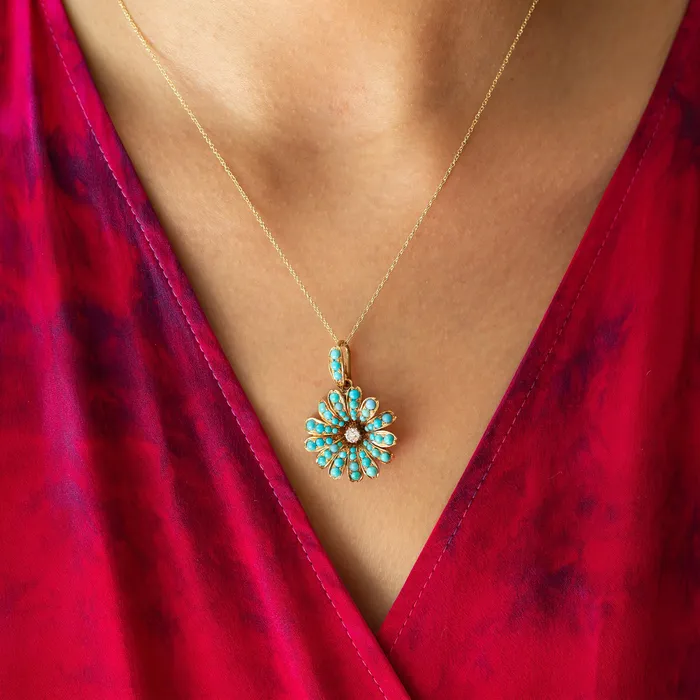 Necklaces Victorian Turquoise and Diamond Flower Pendant Necklace Antique
