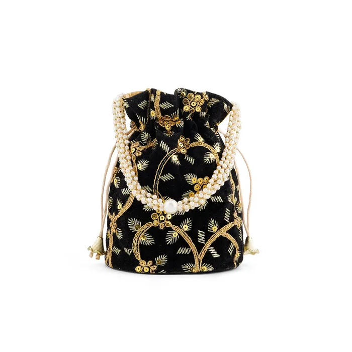 O Haseena Black Velvet Embroidered Potli Bag Teejh Rings