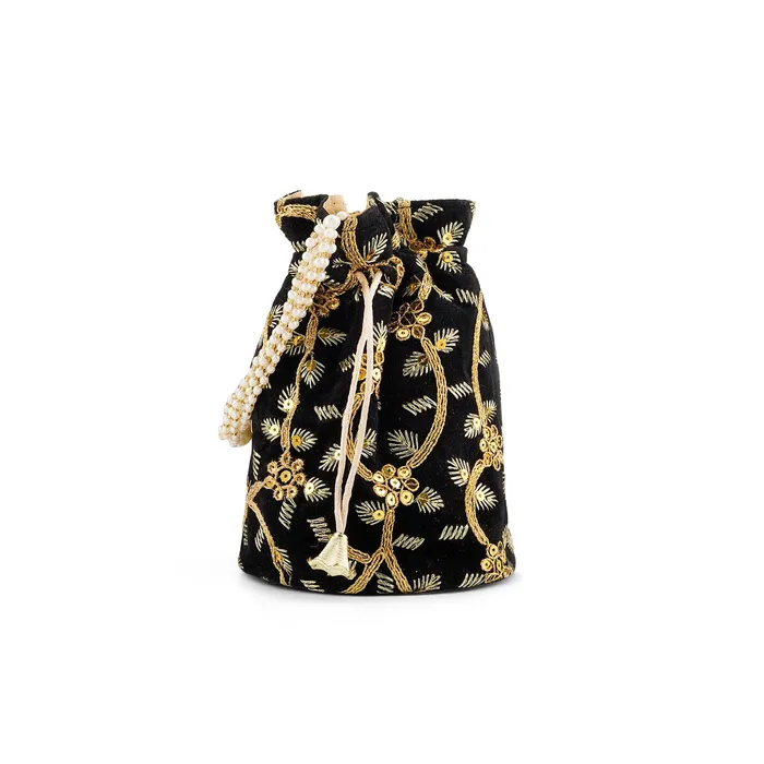 O Haseena Black Velvet Embroidered Potli Bag Teejh Rings