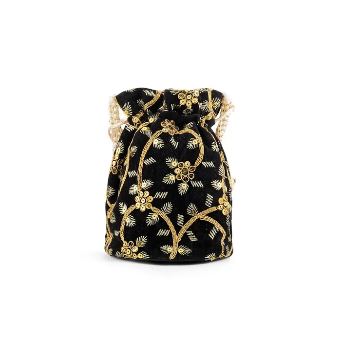 O Haseena Black Velvet Embroidered Potli Bag Teejh Rings