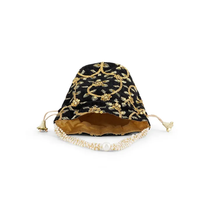 O Haseena Black Velvet Embroidered Potli Bag Teejh Rings