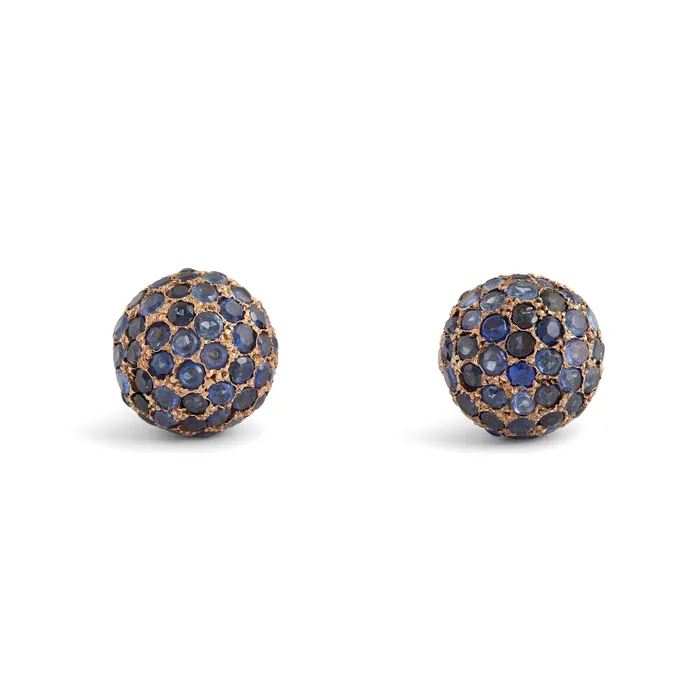 Pave Sapphire and 14k Gold Ball Earrings Vintage Earrings