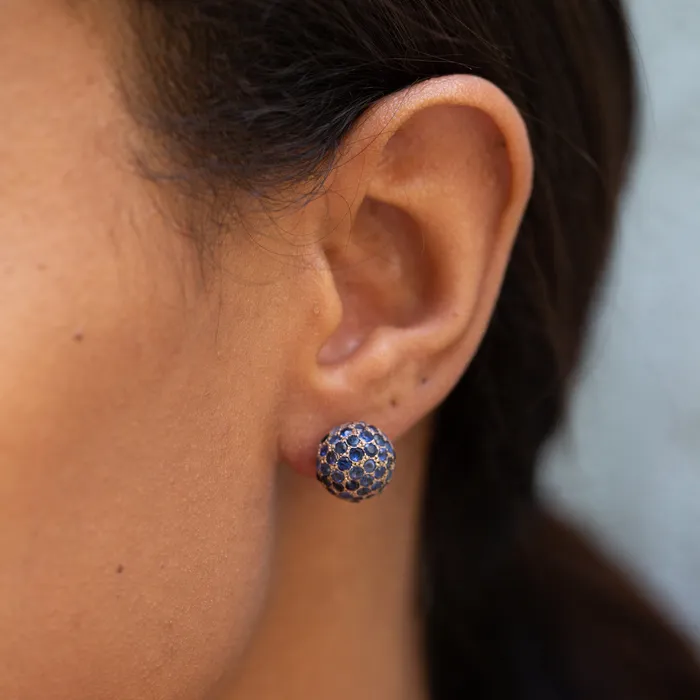 Pave Sapphire and 14k Gold Ball Earrings Vintage Earrings
