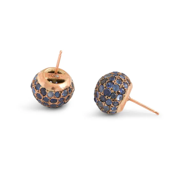 Pave Sapphire and 14k Gold Ball Earrings Vintage Earrings