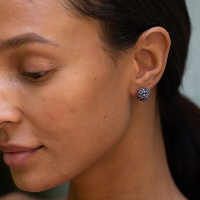 Pave Sapphire and 14k Gold Ball Earrings Vintage Earrings