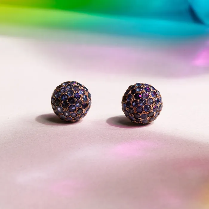 Pave Sapphire and 14k Gold Ball Earrings Vintage Earrings