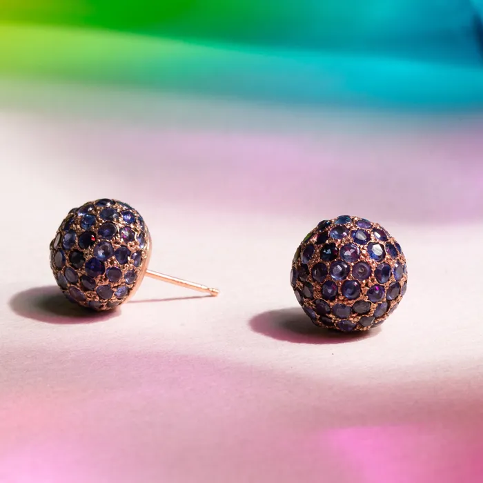 Pave Sapphire and 14k Gold Ball Earrings Vintage Earrings