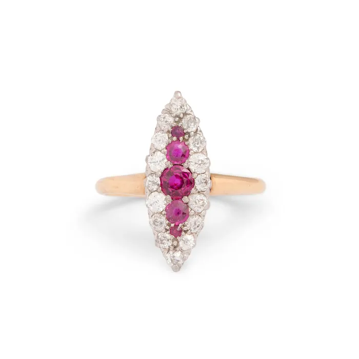 Rings Antique Victorian Ruby Old Mine Cut Diamond Platinum and 12k Gold Navette Ring Rings Antique Victorian Ruby Old Mine Cut Diamond Platinum and 12k Gold Navette Ring
