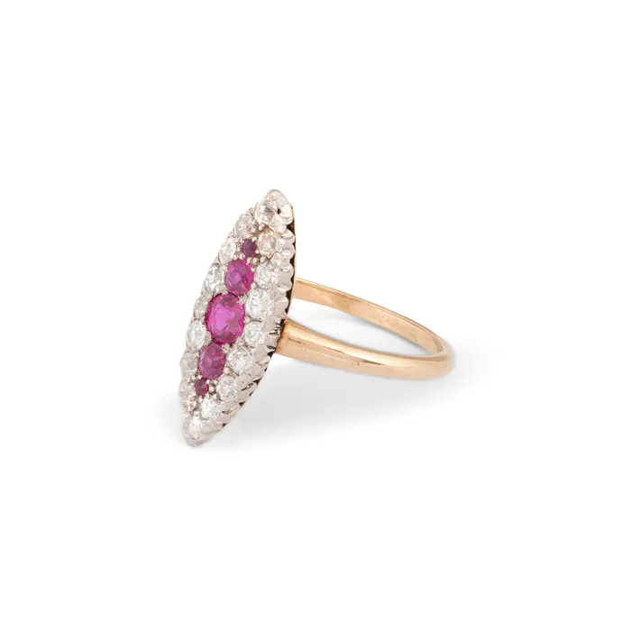 Rings Antique Victorian Ruby Old Mine Cut Diamond Platinum and 12k Gold Navette Ring