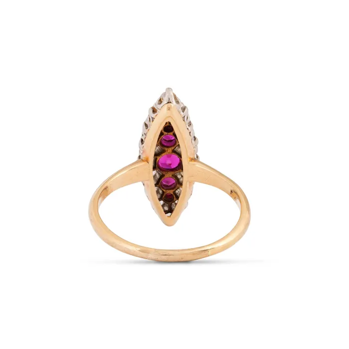 Rings Antique Victorian Ruby Old Mine Cut Diamond Platinum and 12k Gold Navette Ring