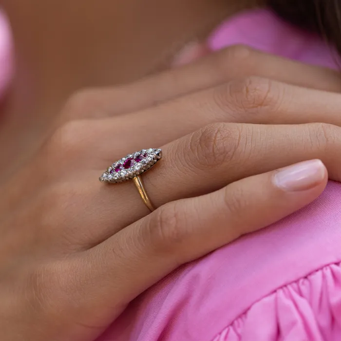 Rings Antique Victorian Ruby Old Mine Cut Diamond Platinum and 12k Gold Navette Ring