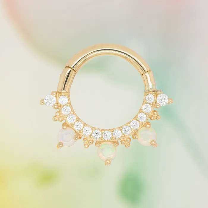 Rings Gigi Hinge Ring Clicker in Gold with Genuine Opals White CZs Buddha Jewelry Organics