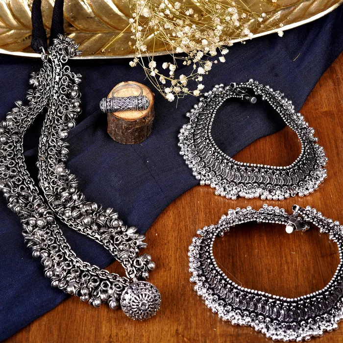 Rings Teejh Teejh Krishika Metallic Silver Oxidized Jewelry Gift Set