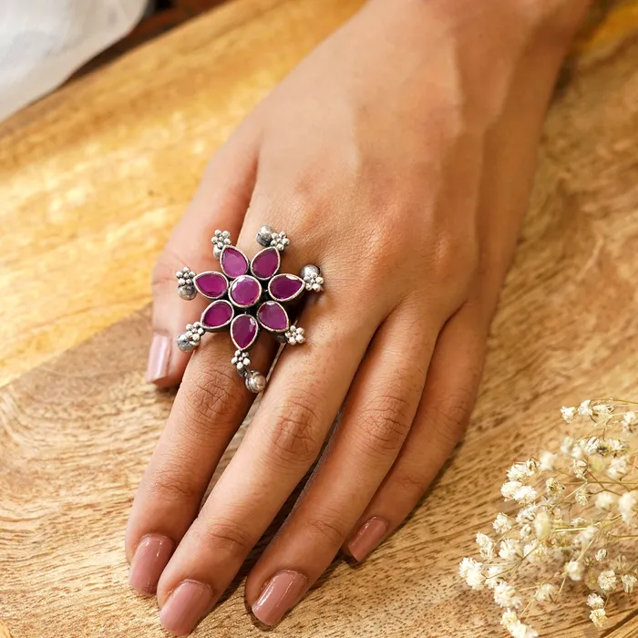 Rings Teejh Teejh Raishala Pink Stone Silver Oxidised Ring