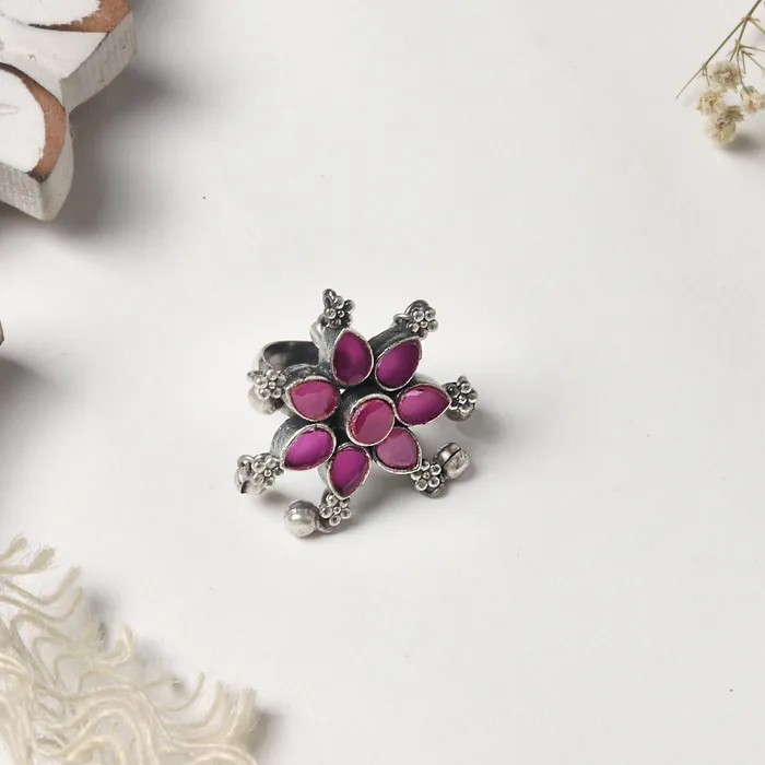Rings Teejh Teejh Raishala Pink Stone Silver Oxidised Ring Rings Teejh Teejh Raishala Pink Stone Silver Oxidised Ring