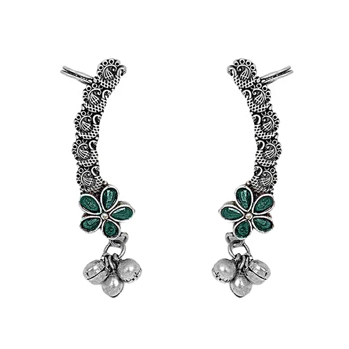 Rings Teejh Teejh Viha Silver Oxidised Green Floral Earcuff Rings Teejh Teejh Viha Silver Oxidised Green Floral Earcuff