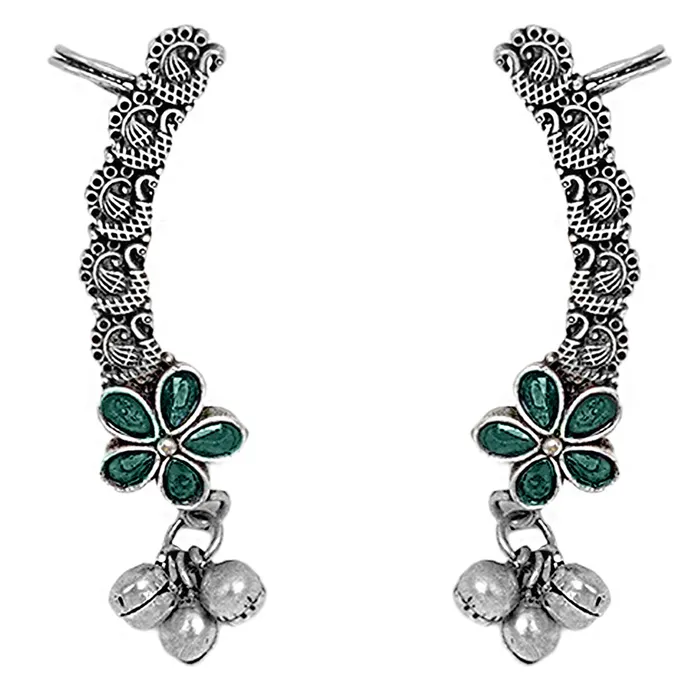 Rings Teejh Teejh Viha Silver Oxidised Green Floral Earcuff Rings Teejh Teejh Viha Silver Oxidised Green Floral Earcuff