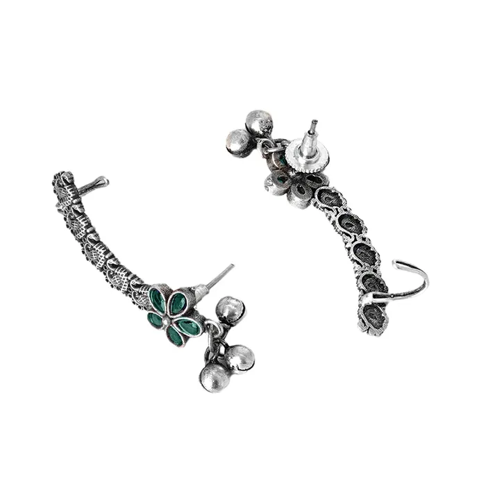 Rings Teejh Teejh Viha Silver Oxidised Green Floral Earcuff Rings Teejh Teejh Viha Silver Oxidised Green Floral Earcuff