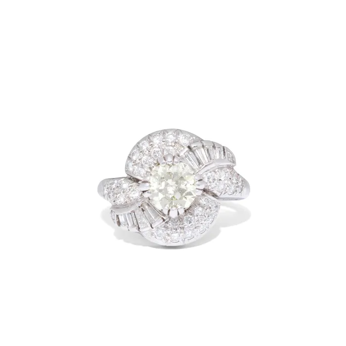 Rings Vintage 1950s Diamond and Platinum Swirl Cluster Ring