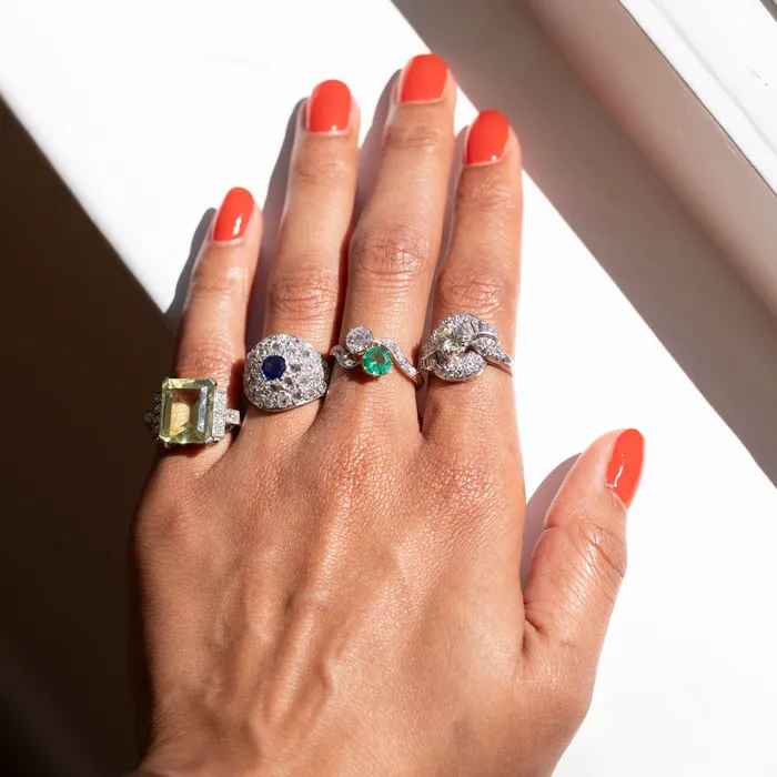 Rings Vintage 1950s Diamond and Platinum Swirl Cluster Ring