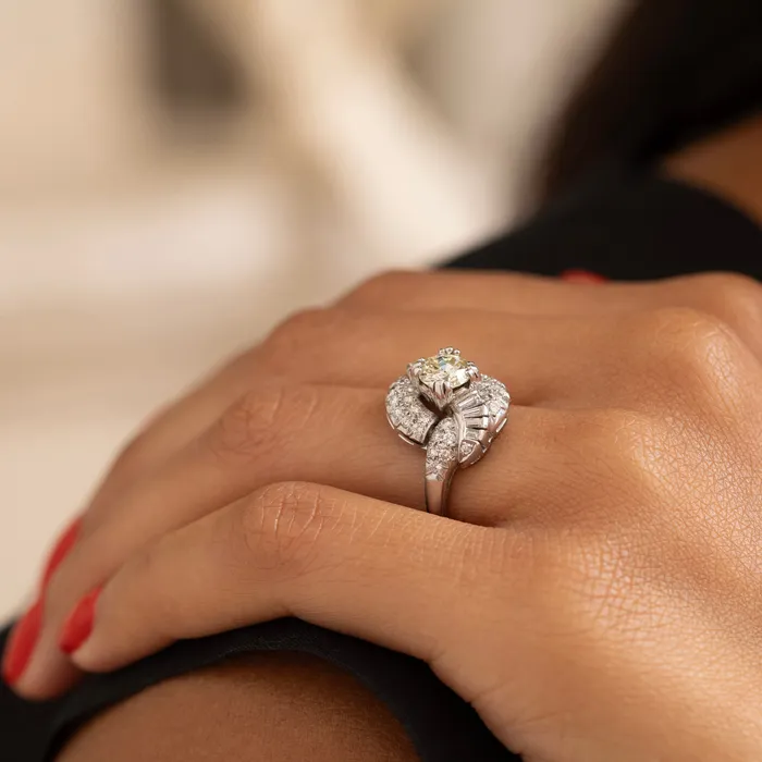 Rings Vintage 1950s Diamond and Platinum Swirl Cluster Ring