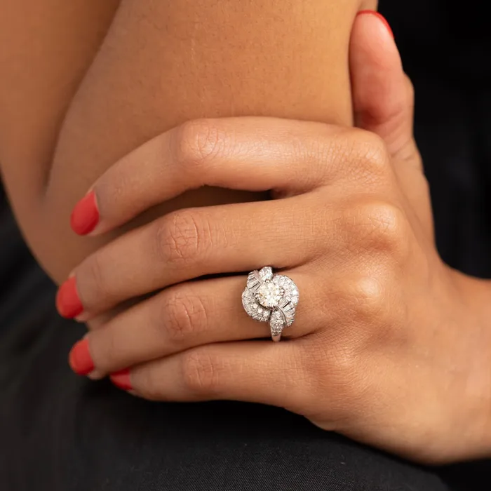 Rings Vintage 1950s Diamond and Platinum Swirl Cluster Ring