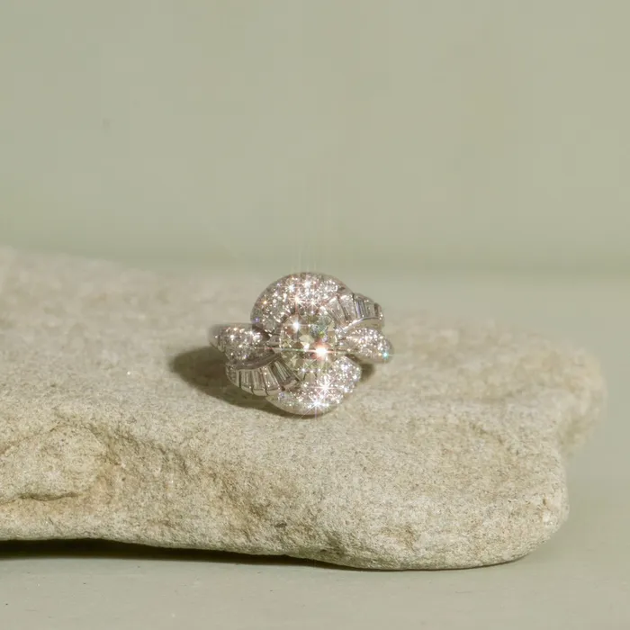 Rings Vintage 1950s Diamond and Platinum Swirl Cluster Ring