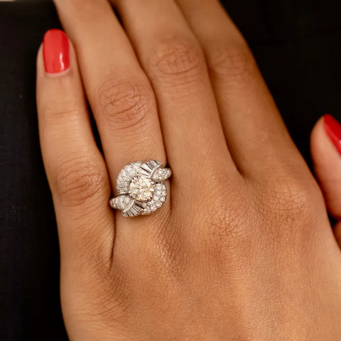Rings Vintage 1950s Diamond and Platinum Swirl Cluster Ring
