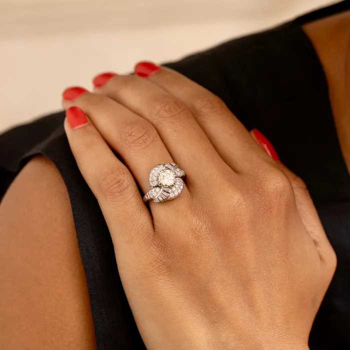 Rings Vintage 1950s Diamond and Platinum Swirl Cluster Ring