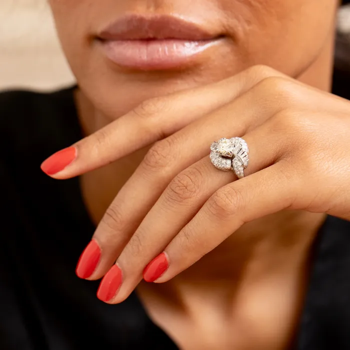 Rings Vintage 1950s Diamond and Platinum Swirl Cluster Ring