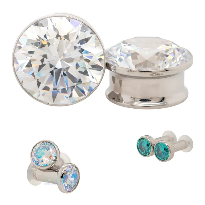 Single Gem BIG BLING Plugs Eyelets with BrilliantCut Gem Pistachio Anatometal Necklaces