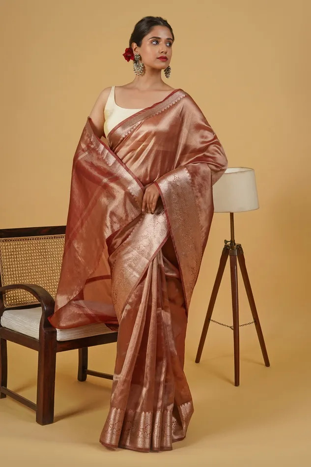 Teejh Earrings Amyra Red Banarasi Tissue Saree