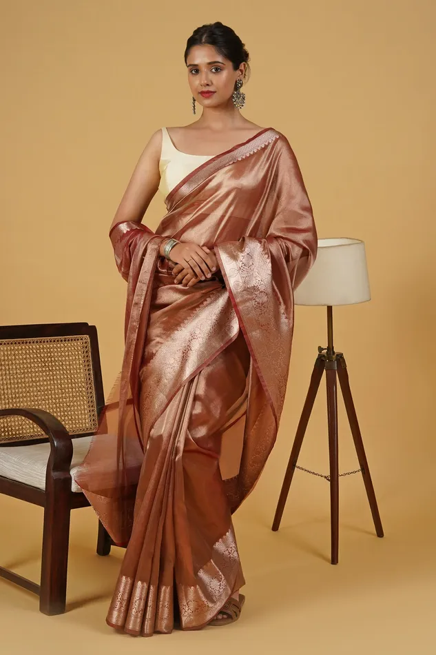 Teejh Earrings Amyra Red Banarasi Tissue Saree