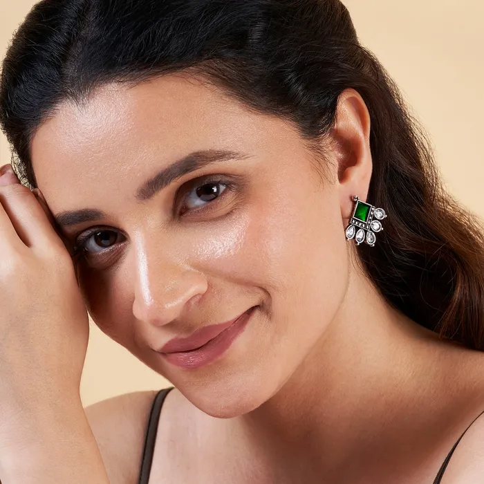 Teejh Earrings Teejh Charulatha Green Silver Oxidised Earrings