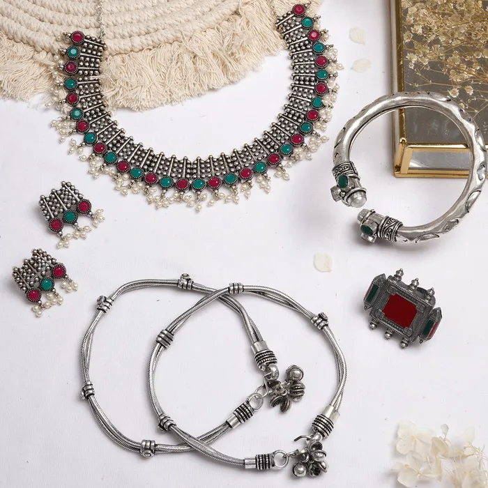 Teejh Madri Silver Oxidised Jewelry Gift Set Teejh Rings