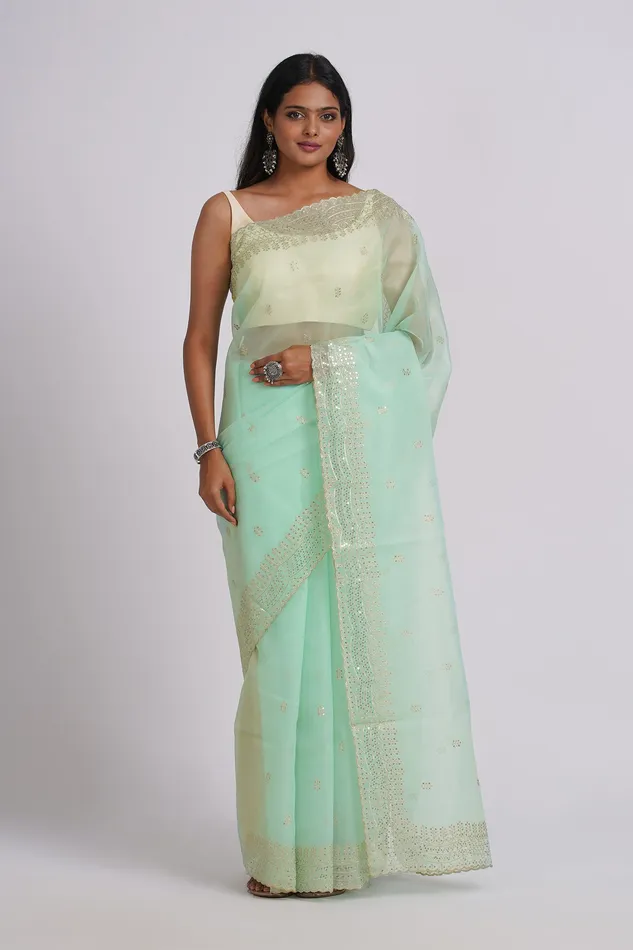 Teejh Nayra Light Green Sequin Embroidery Organza Saree Teejh Necklaces Teejh Nayra Light Green Sequin Embroidery Organza Saree Teejh Necklaces
