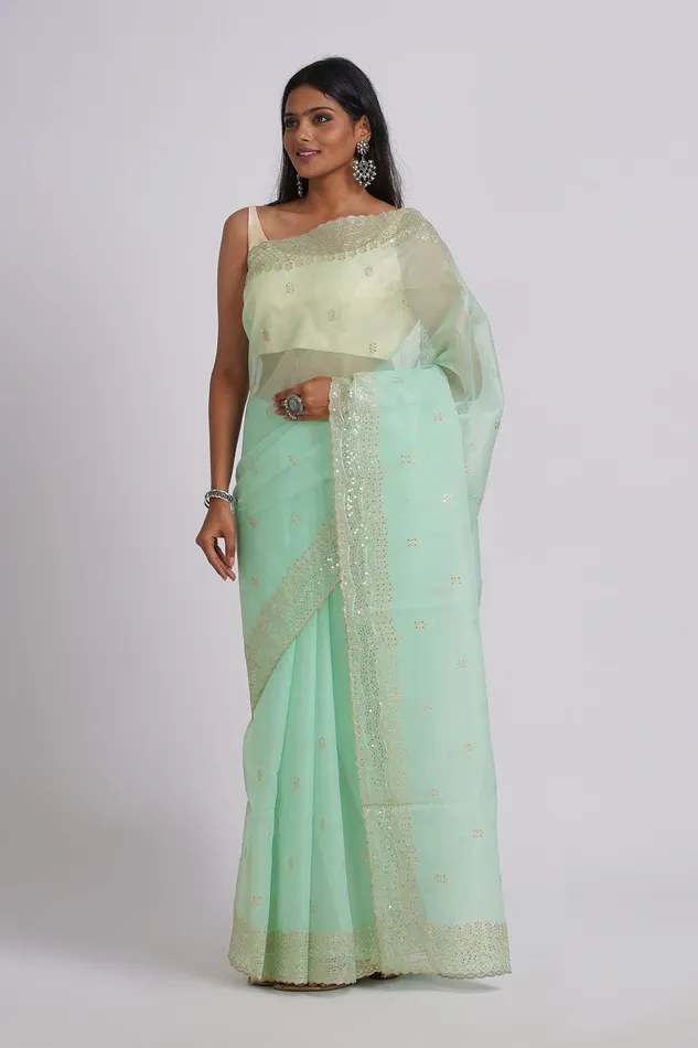 Teejh Nayra Light Green Sequin Embroidery Organza Saree Teejh Necklaces Teejh Nayra Light Green Sequin Embroidery Organza Saree Teejh Necklaces