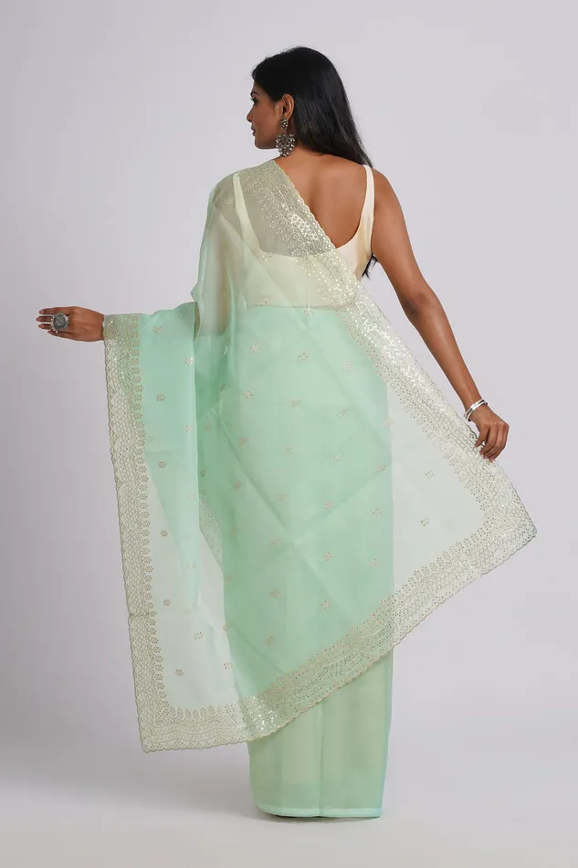Teejh Nayra Light Green Sequin Embroidery Organza Saree Teejh Necklaces Teejh Nayra Light Green Sequin Embroidery Organza Saree Teejh Necklaces