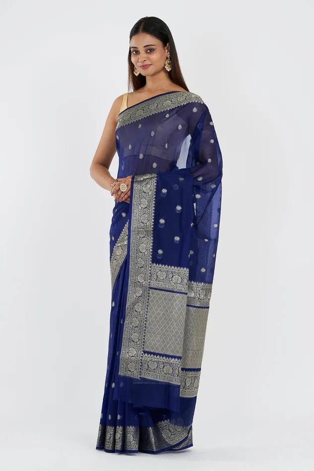 Teejh Necklaces Teejh Smiti Royal Blue Banarasi Semi Kora Silk