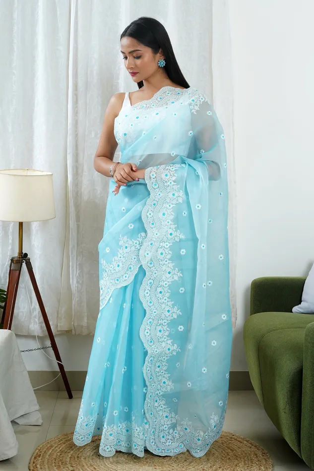 Teejh Savani Embroidered Organza Saree Teejh Earrings