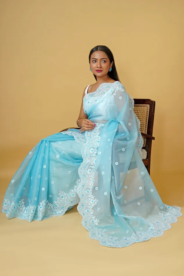Teejh Savani Embroidered Organza Saree Teejh Earrings