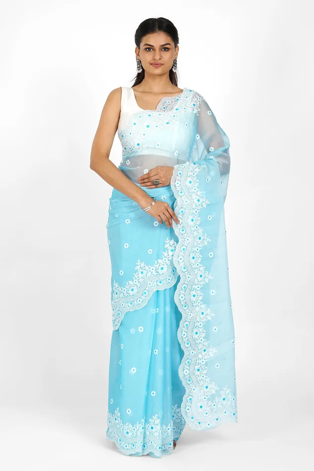 Teejh Savani Embroidered Organza Saree Teejh Earrings