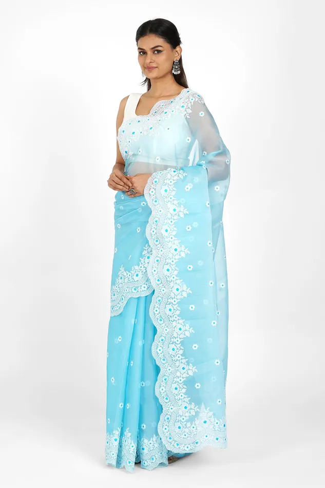 Teejh Savani Embroidered Organza Saree Teejh Earrings