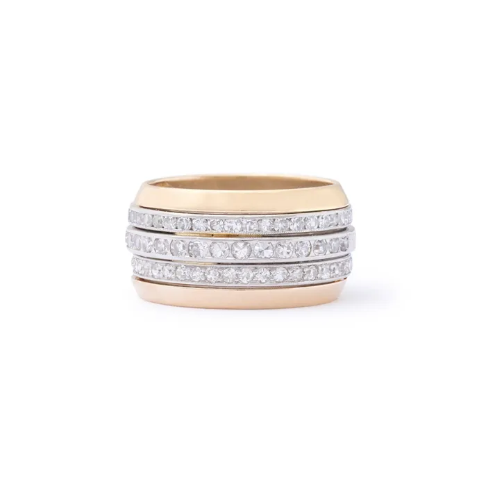 Three Row Diamond Platinum and 18k Gold Ring Vintage Rings