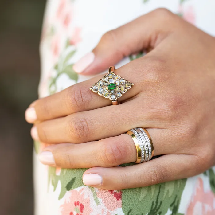Three Row Diamond Platinum and 18k Gold Ring Vintage Rings