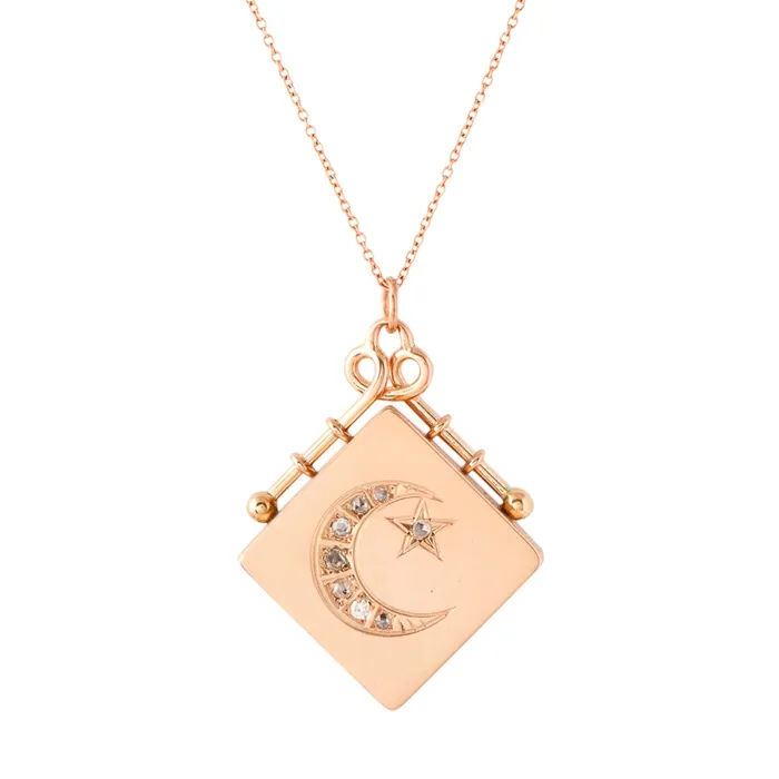 Victorian Diamond Crescent Moon and 14k Gold Locket Antique Necklaces
