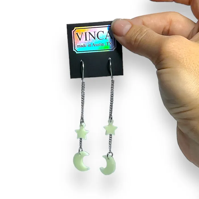 VincaUSA Earrings Last Chance Moon and Star Dangles Glows in the dark