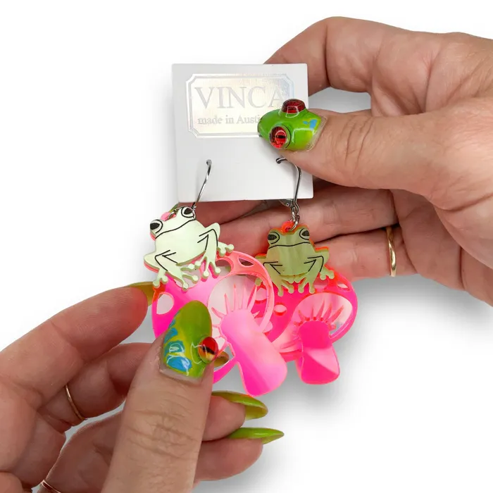 VincaUSA Earrings Last Chance TOADally FUNgi Dangle Earrings on pink mushrooms