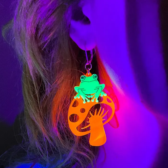VincaUSA Earrings Last Chance TOADally FUNgi Dangle Earrings on pink mushrooms